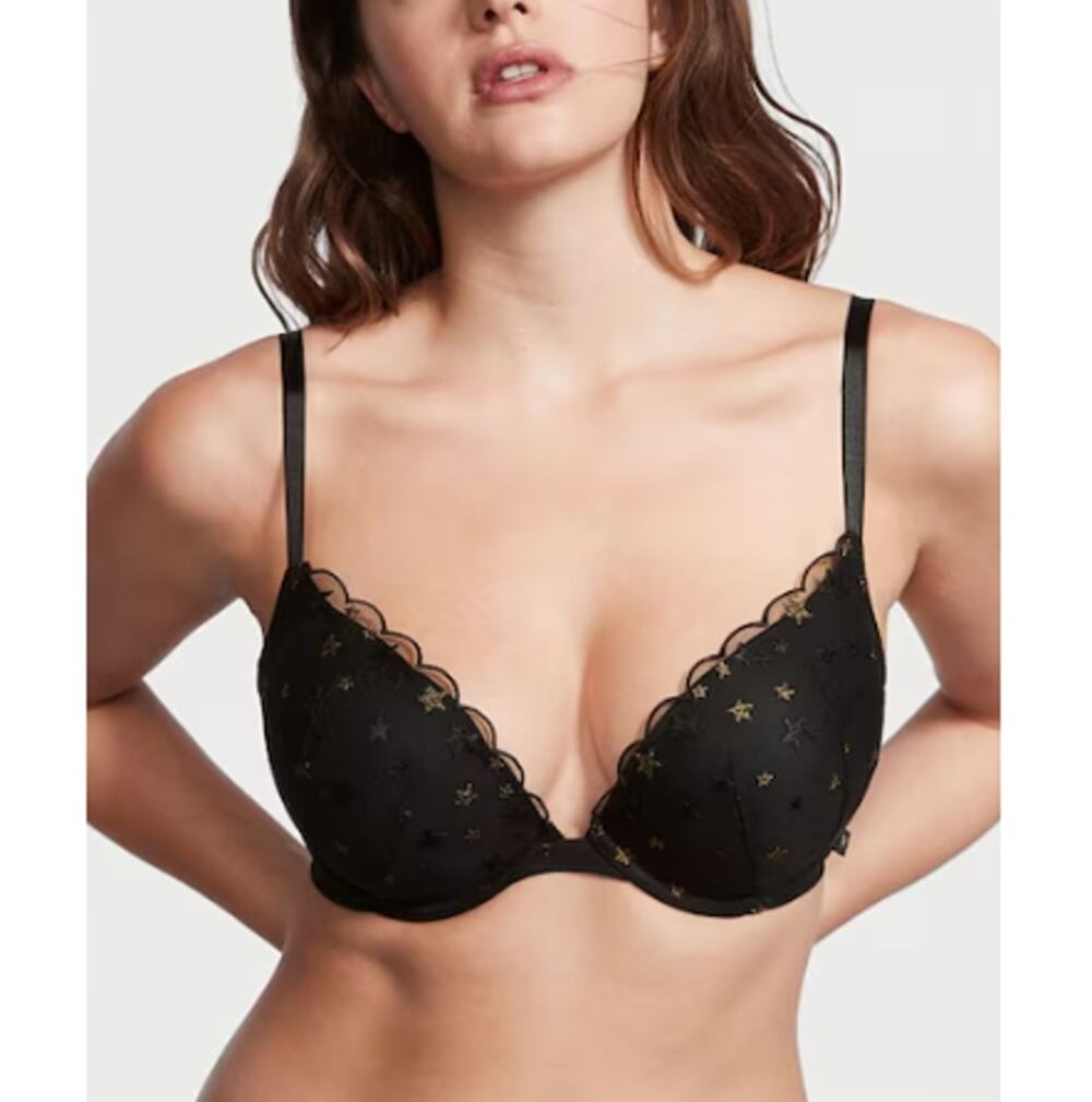 Victoria Secret Women's Black STAR Mesh  Extreme Sexy Tee Push Up Bra Size 38C